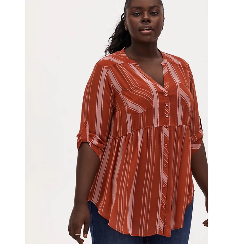 Red Terracotta Striped Chiffon Babydoll Tunic